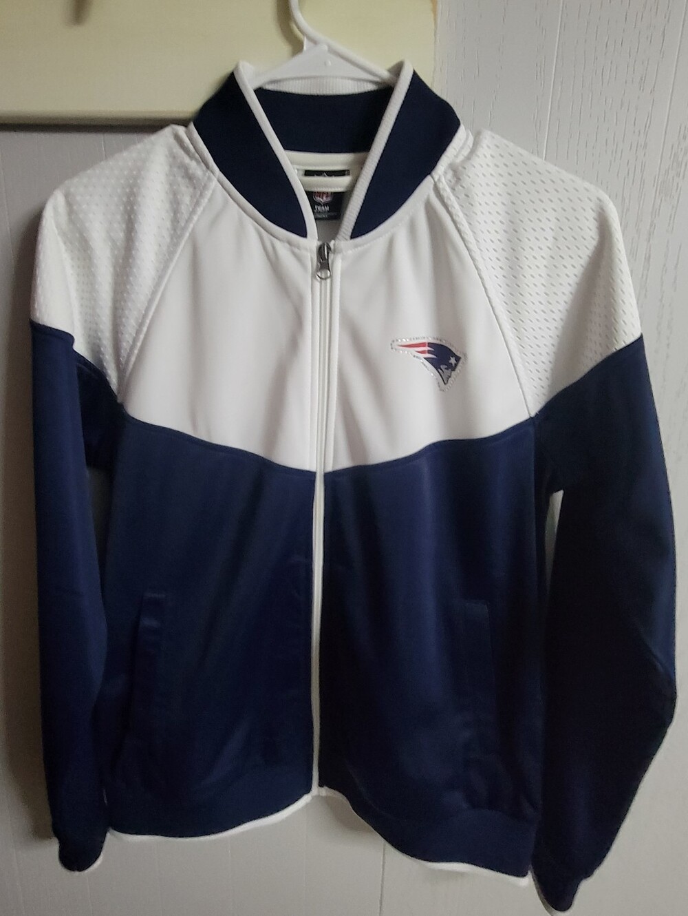 Womens NFL Navy and White Satin Track Jacket with Patriots Team Logo